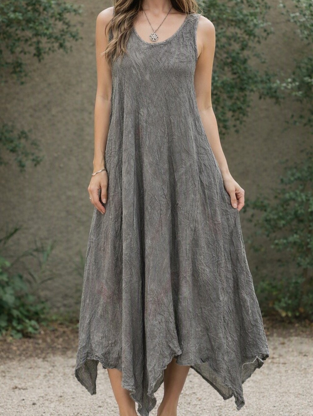 Papa Vancouver Lagenlook Boho Grey Crinkled Sharkbite Dress. One Size